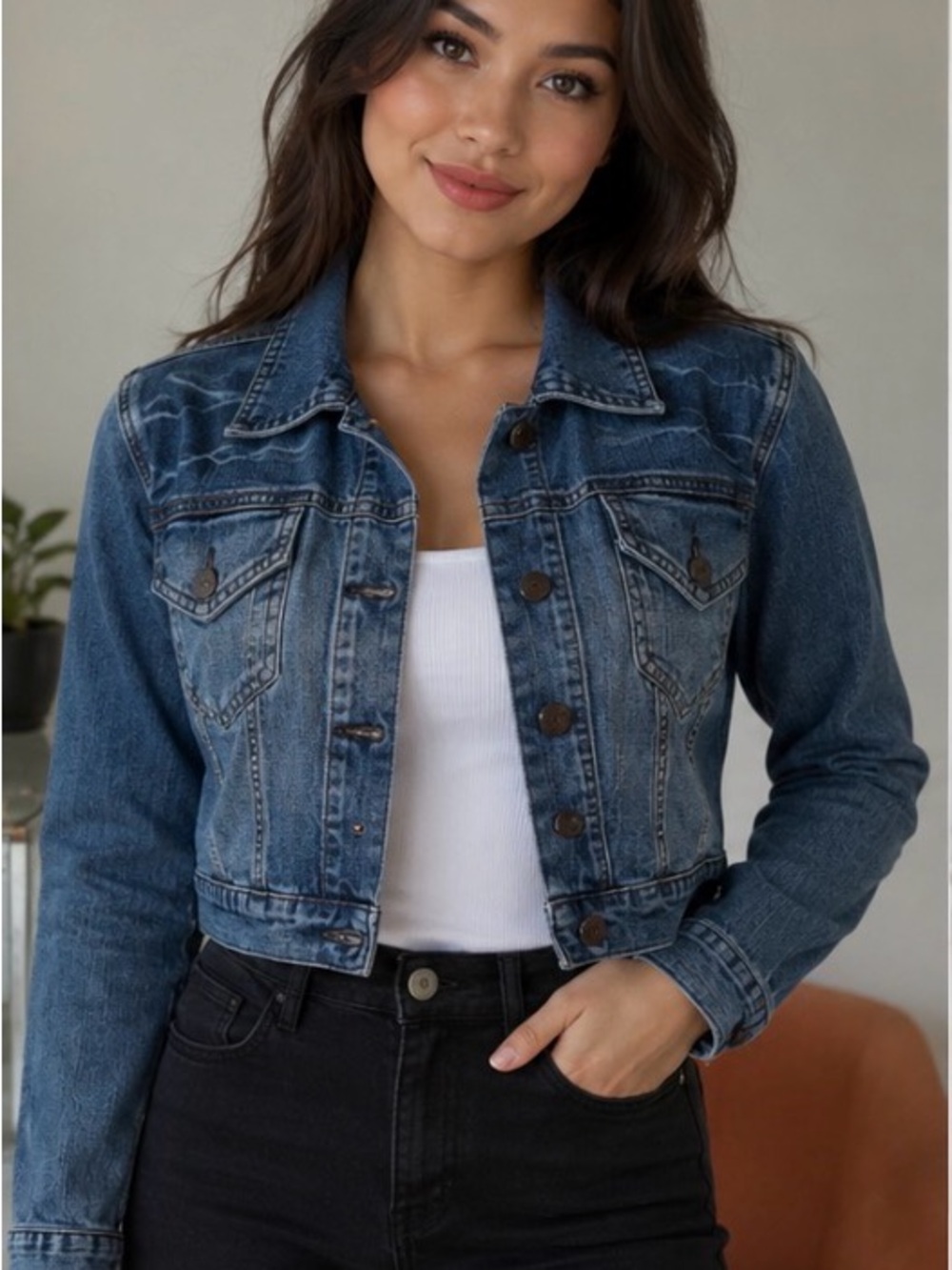 Younique Dark Blue Denim Cropped Jacket